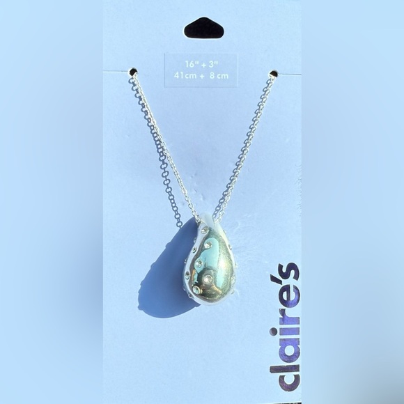 Claire's Silver-tone Bubble Teardrop Pendant with Faux Rhinestones Necklace - Picture 3 of 9